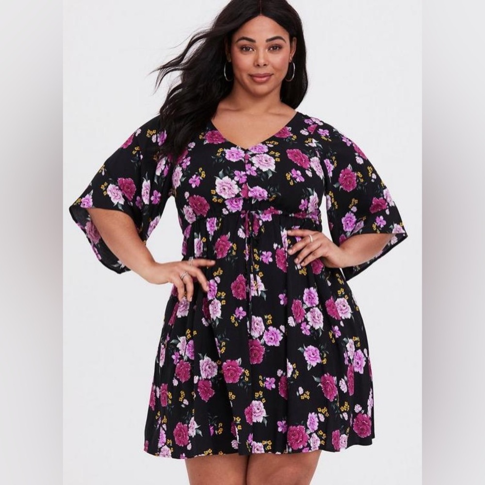 Torrid Black Floral Babydoll Dress Plus Size Flutter Sleeve Mini Dress